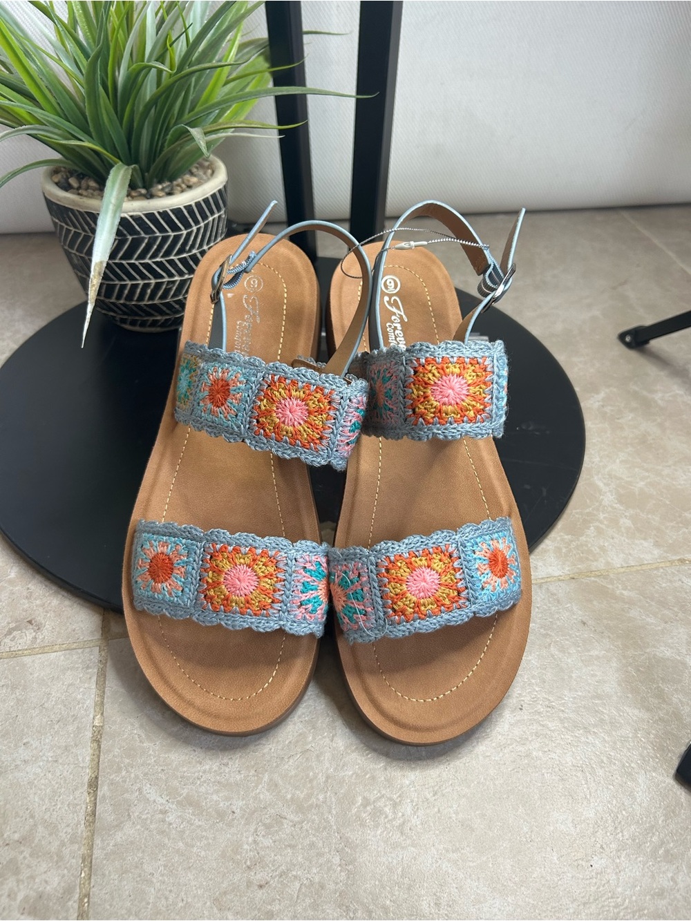 Forever Comfort size 9 Crochet Strap Sandals - Blue Multi Color